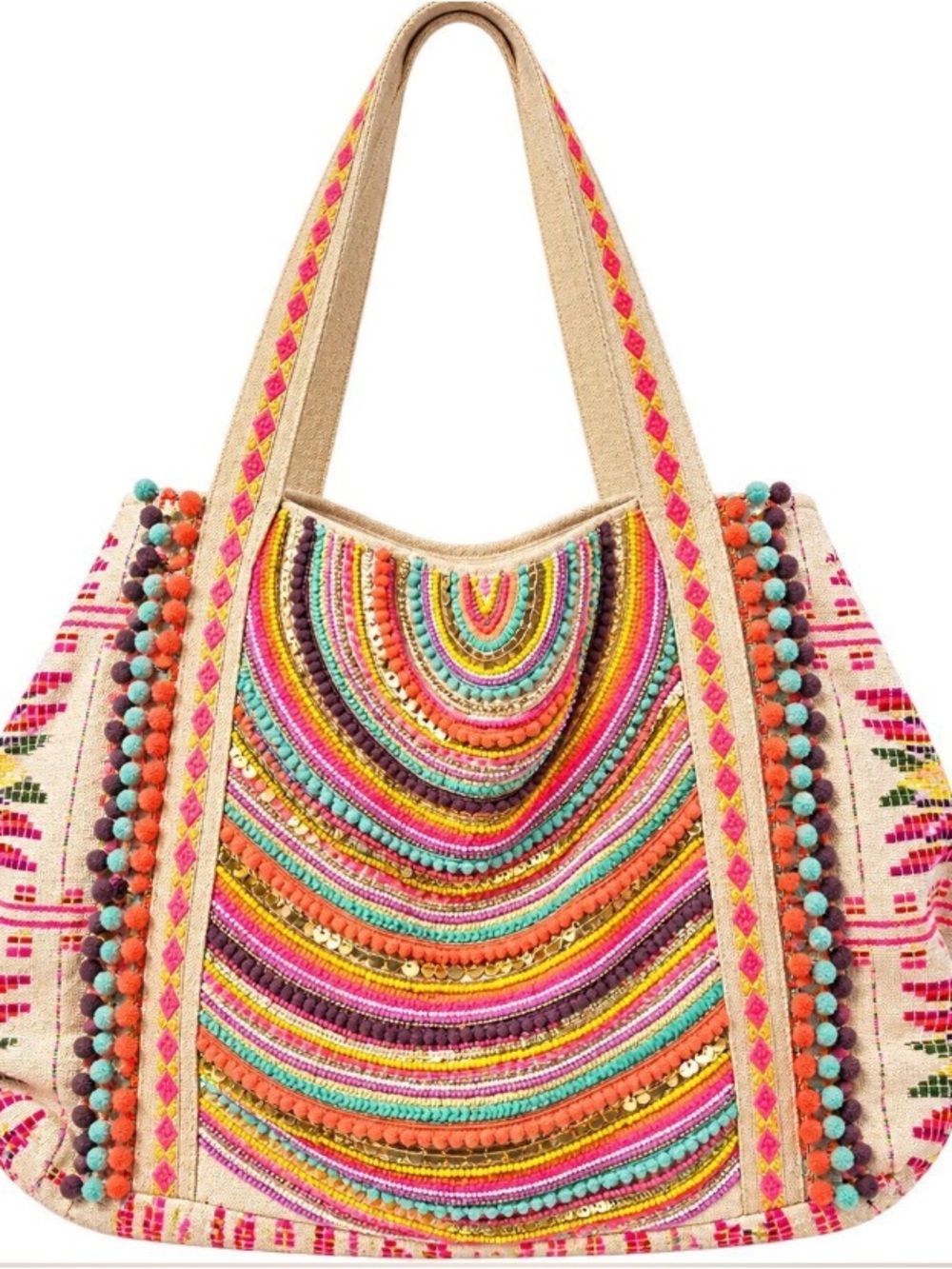 America & Beyond Boho Multicolor Embroidered Tote Bag